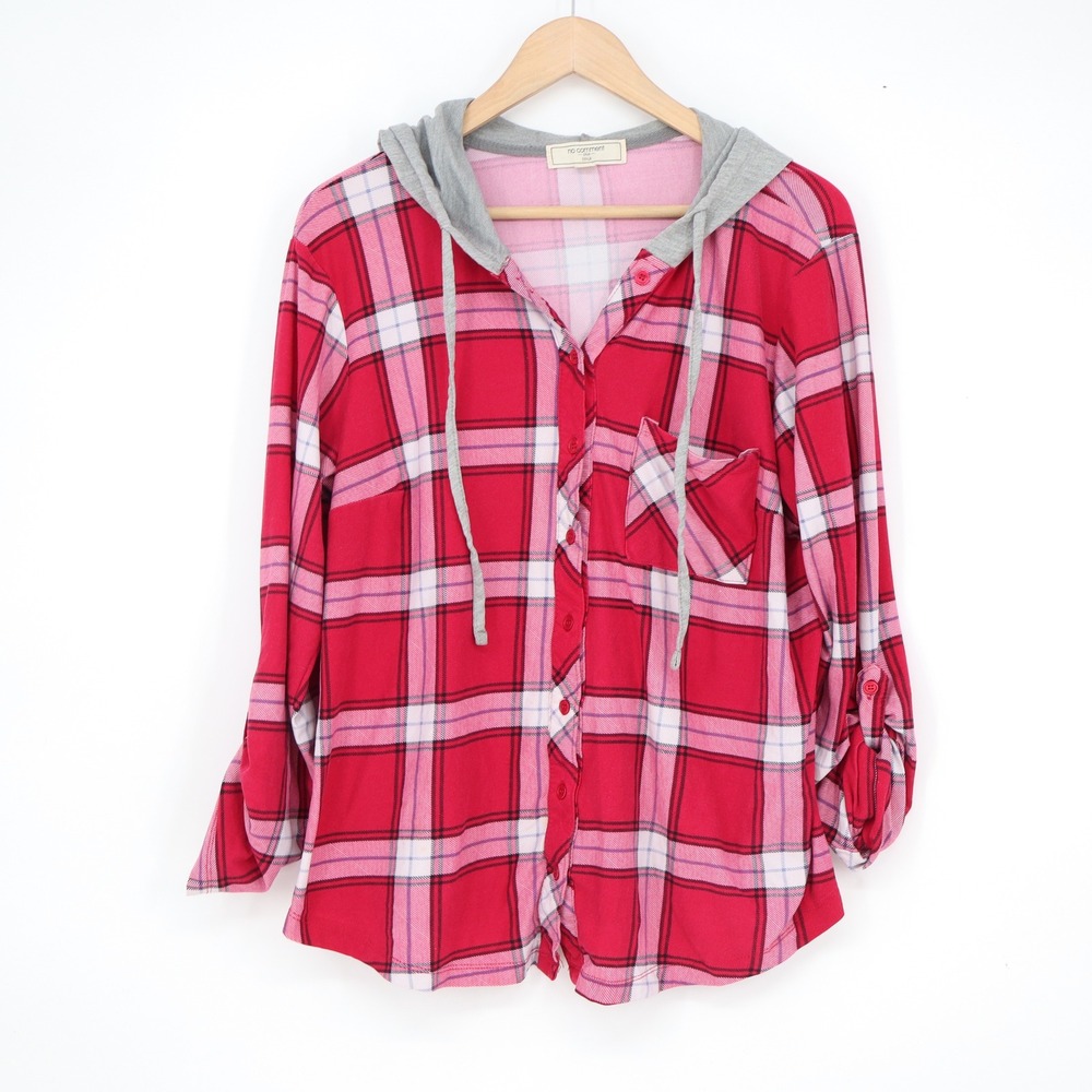 No Comment Plus Womens Red Plaid Hooded Button Down Shirt 1X